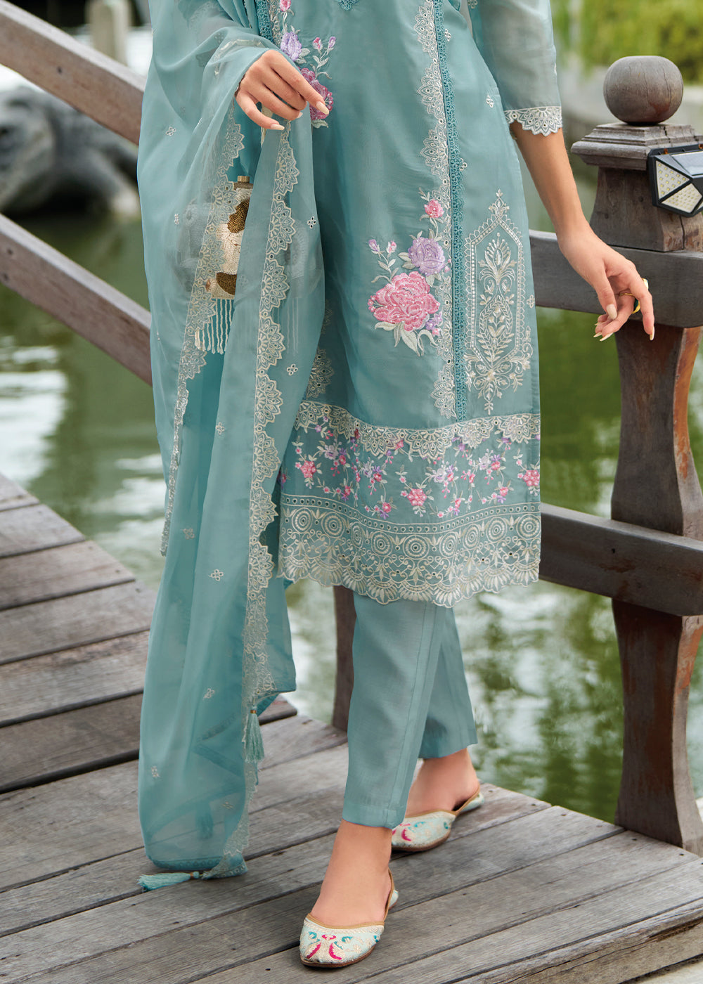 Maximum Blue Organza Suit with Floral Embroidery work