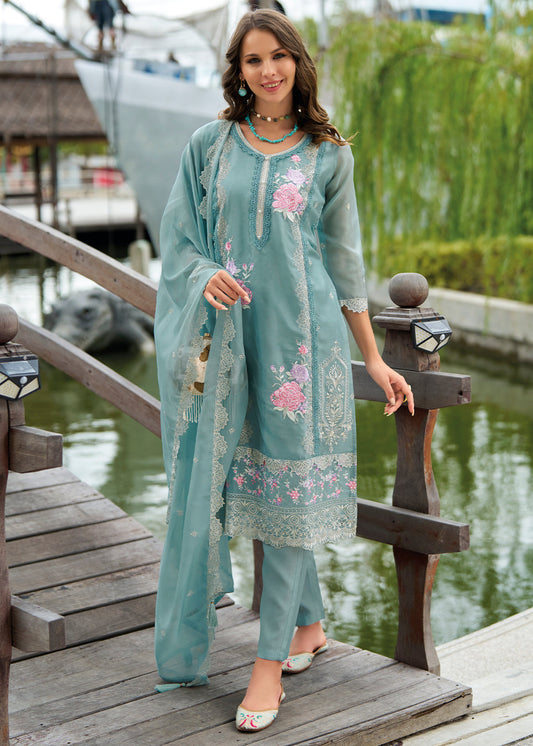 Maximum Blue Organza Suit with Floral Embroidery work