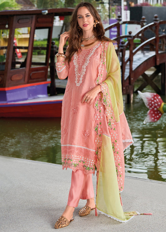 Watermelon Pink Organza Suit with Floral Embroidery work