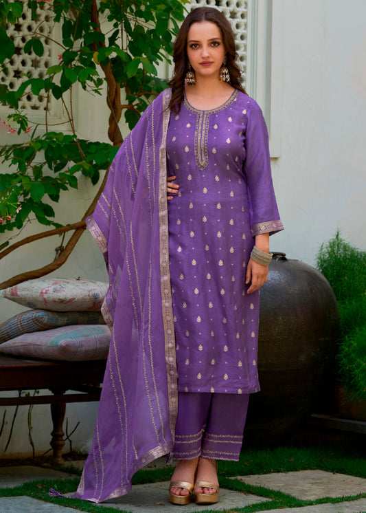 Voilet Viscose Dola Silk Jacquard Kurta. Paired with Santoon Trouser and Organza Dupatta