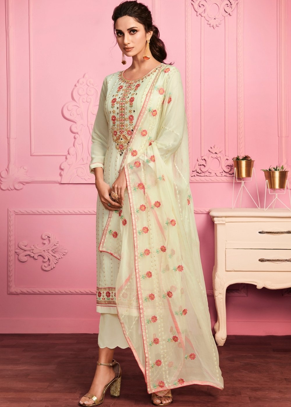 Banana Yellow Georgette Salwar Suit with Thread Embroidery, Katli & Mirror work