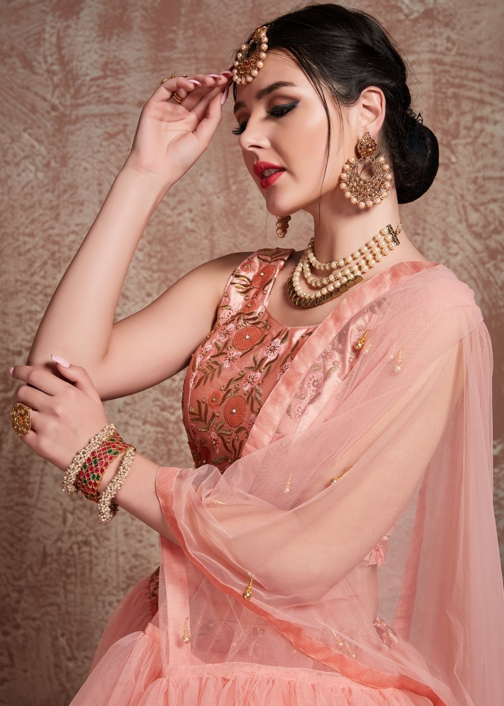 Rose Pink Designer Soft Net Lehenga with Sequins, Zari & Pearl work