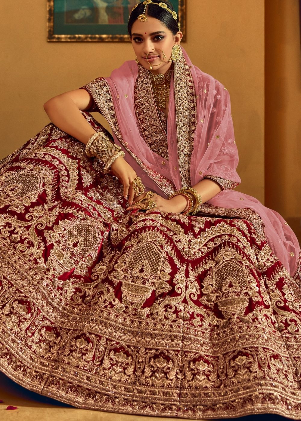 Wine Red Bridal Velvet Lehenga Choli with Embroidery & Hand work