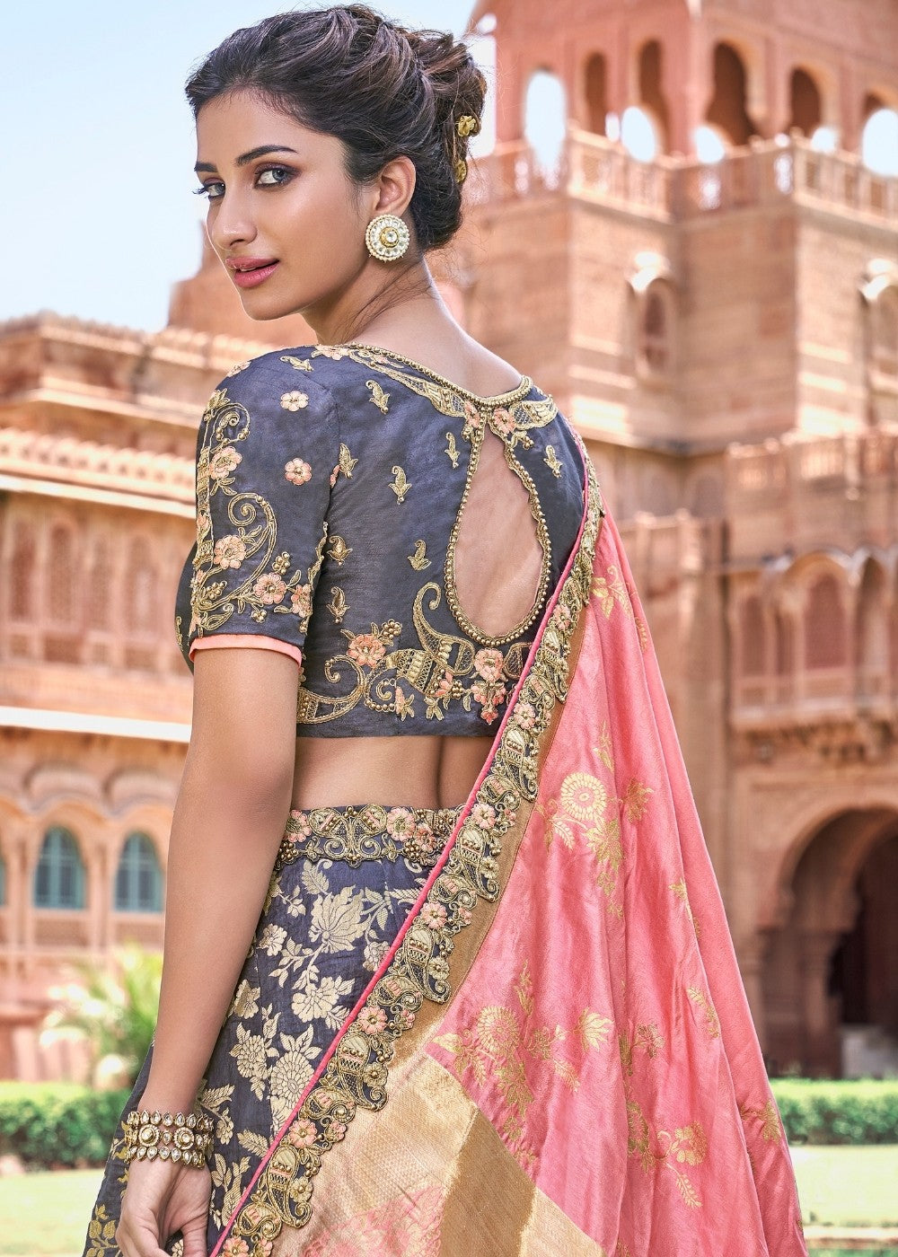 Grey and Pink Banarasi  Silk Lehenga Choli with Embroidery Work: Top Pick