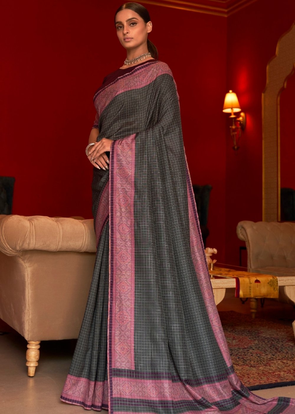 Greyish Black Designer Silk Saree