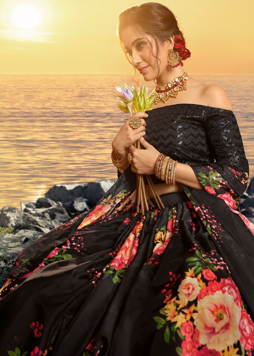 Midnight Black Organza Designer Printed Floral Lehenga Choli with Sequins and Zari work