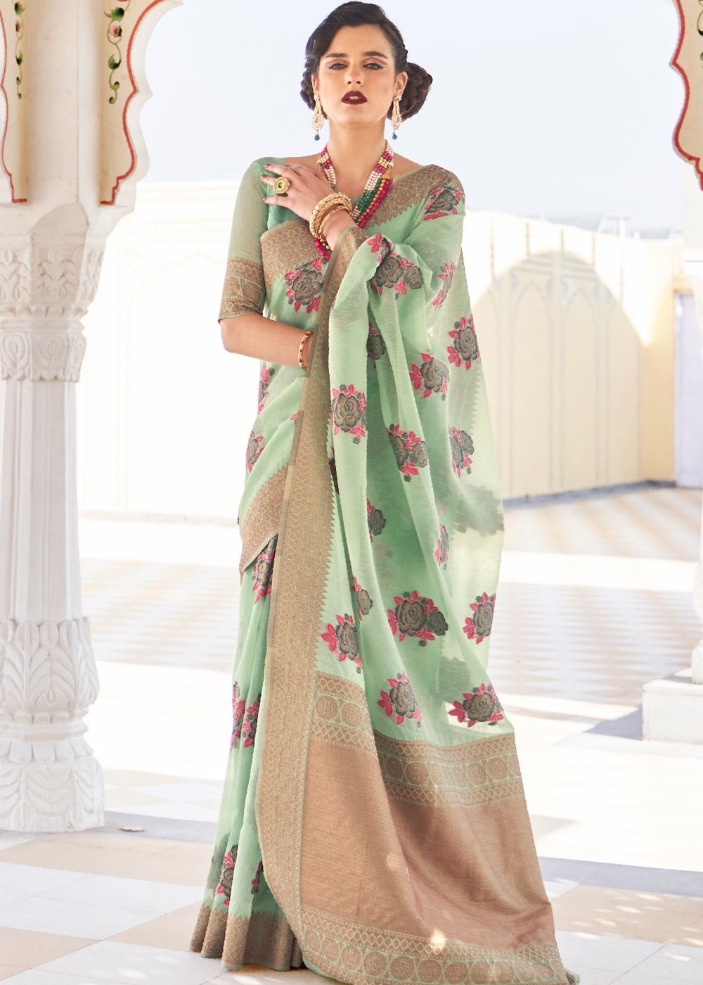 Pastel Green Linen Woven Silk Saree with Zari work on Border and Pallu