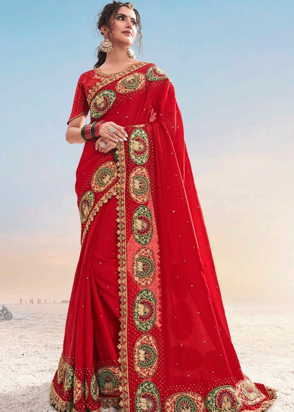 Carmine Red Satin Saree with Jari, Moti, Cut-Dana and Crystal work: Top Pick