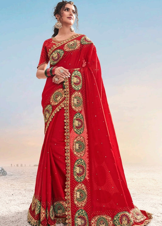 Carmine Red Satin Saree with Jari, Moti, Cut-Dana and Crystal work: Top Pick