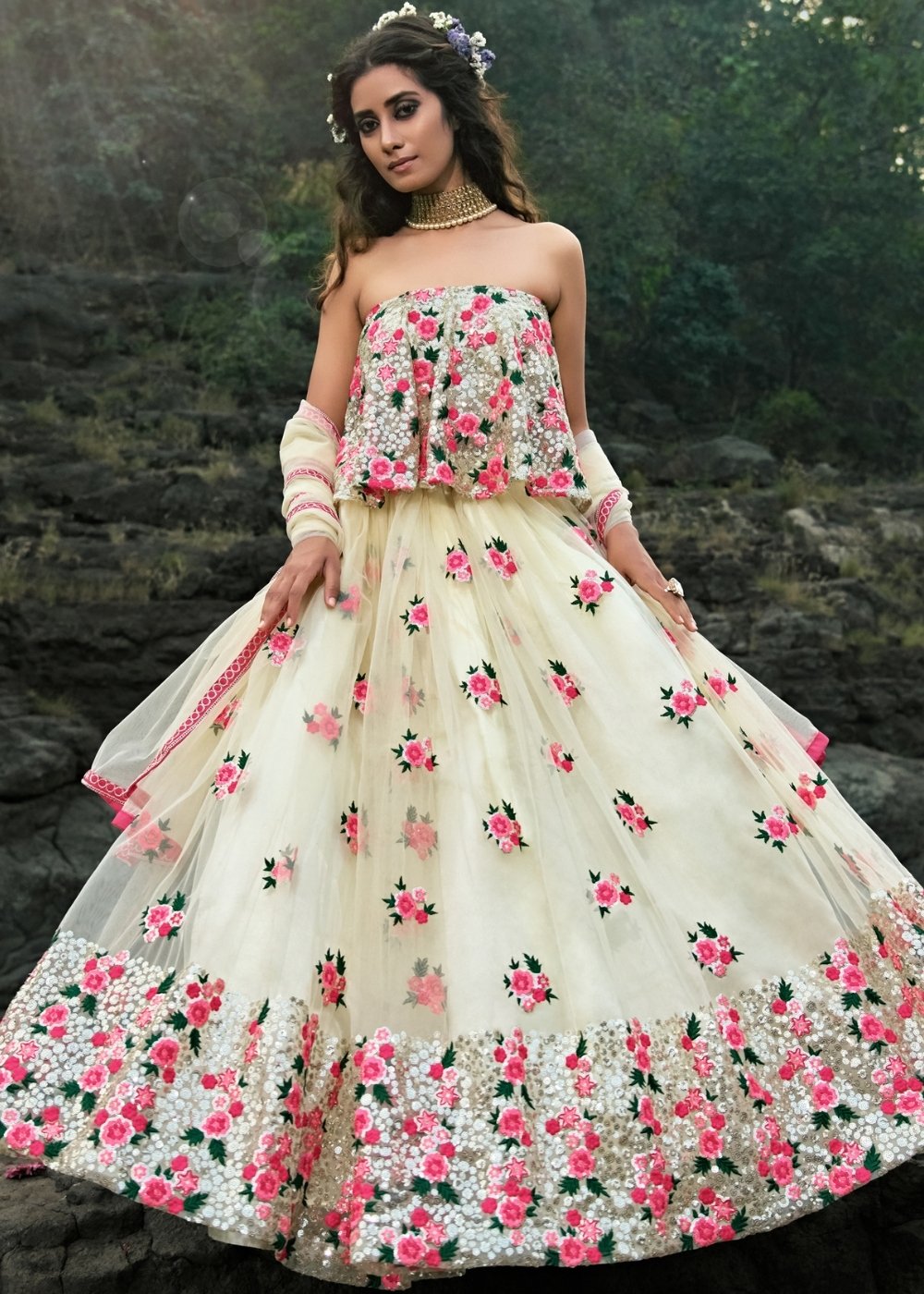 Linen White Designer Soft Net Lehenga Choli with Sequins & Thread work