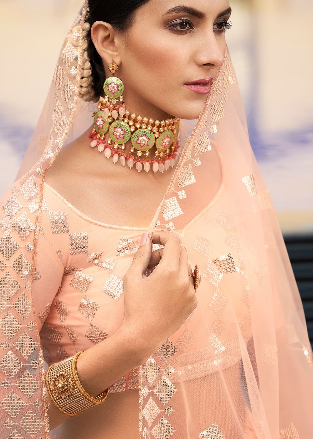 Peach Pink Soft Net Lehenga Choli with Sequins & Thread work