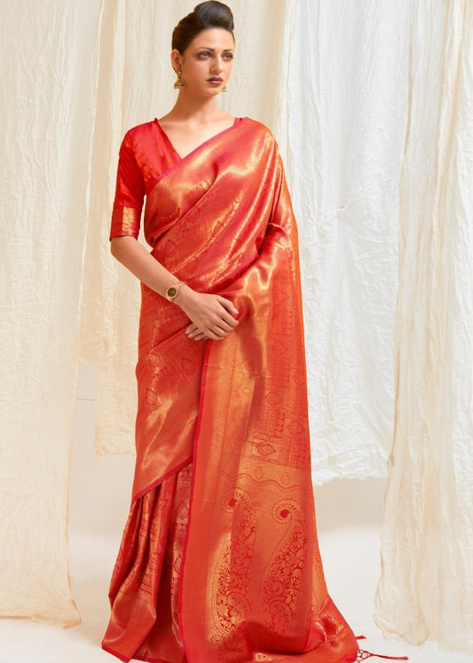 Scarlet Red & Golden Blend Kanjivaram Silk Saree