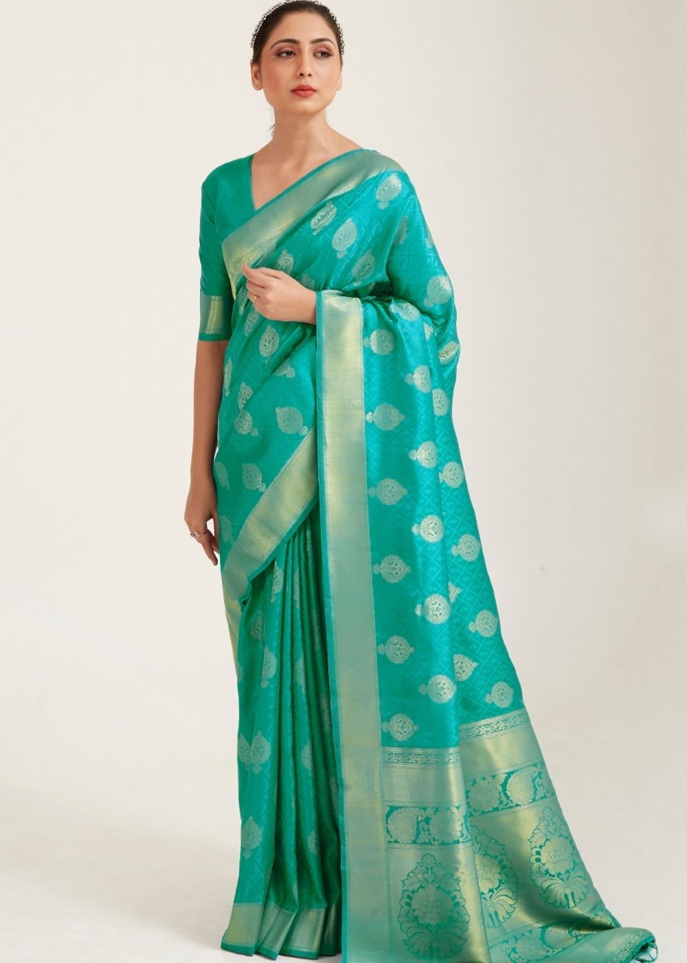 Turquoise Green Zari Butta Woven Banasari Silk Saree