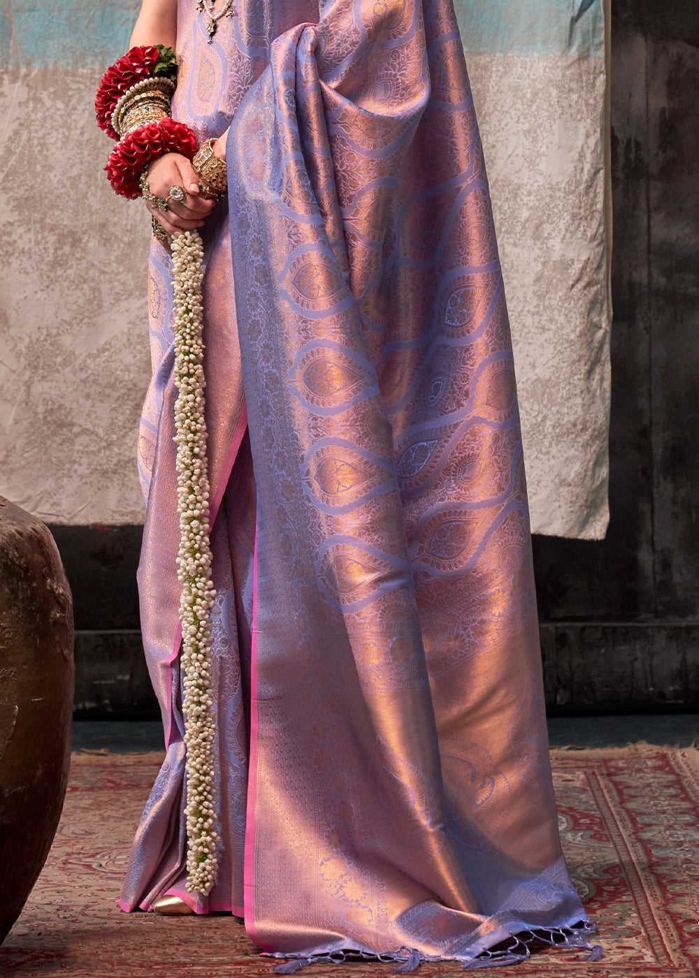 Iris Purple Two Tone Kanjivaram Silk Saree Embellished with Intricate Gold Zari work