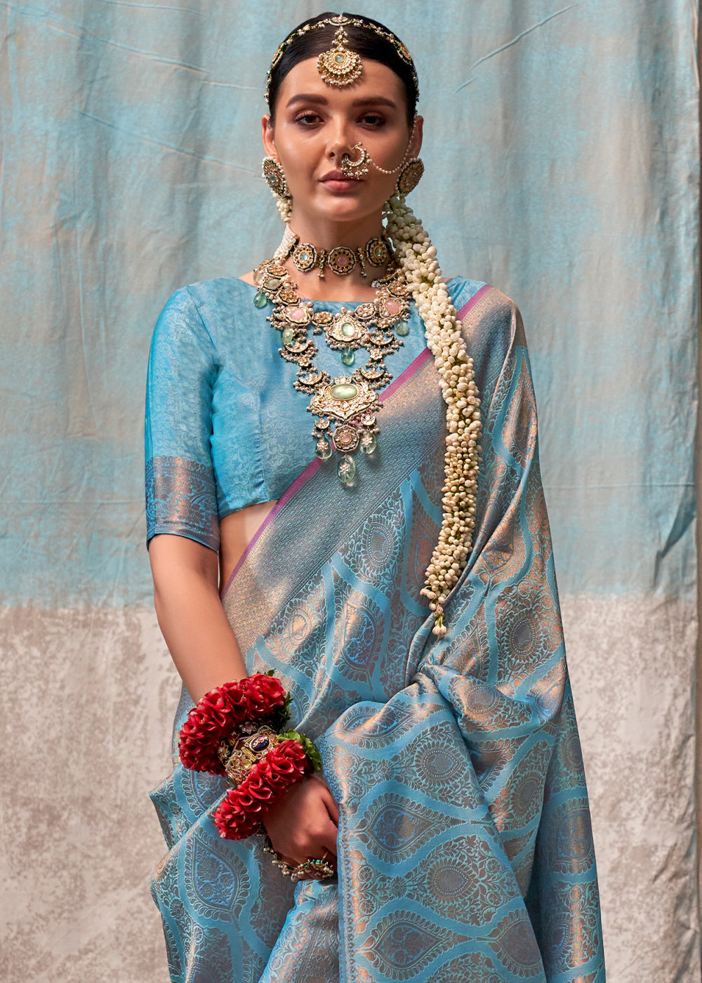 French Blue Two Tone Kanjivaram Silk Saree Embellished with Intricate Gold Zari work