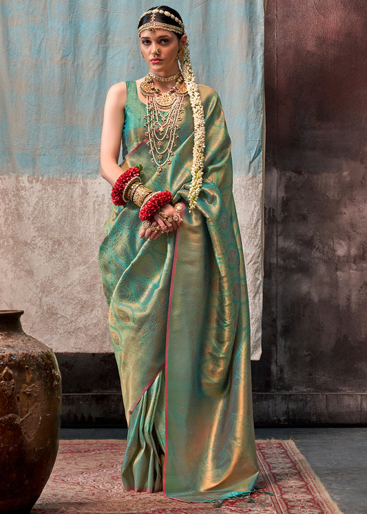 Pastel Green Two Tone Kanjivaram Silk Saree Embellished with Intricate Gold Zari work : Top Pick