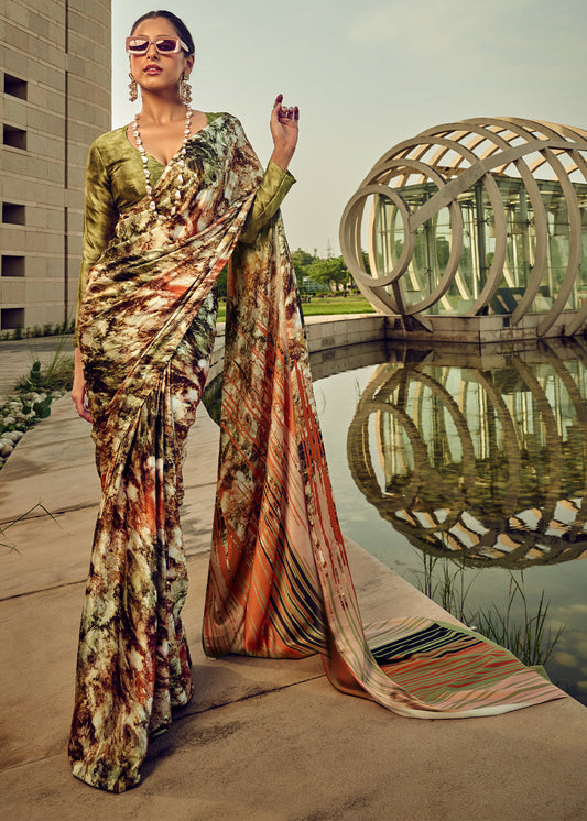 Avocado Green Digital Printed Satin Silk Saree