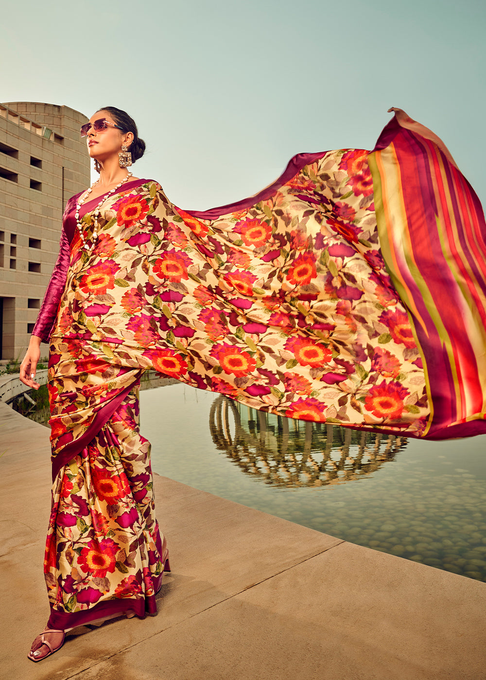 Pink & Orange Digital Printed Satin Silk Saree