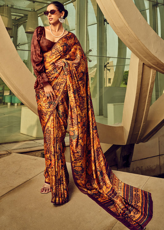 Shades Of Brown Digital Printed Satin Silk Saree