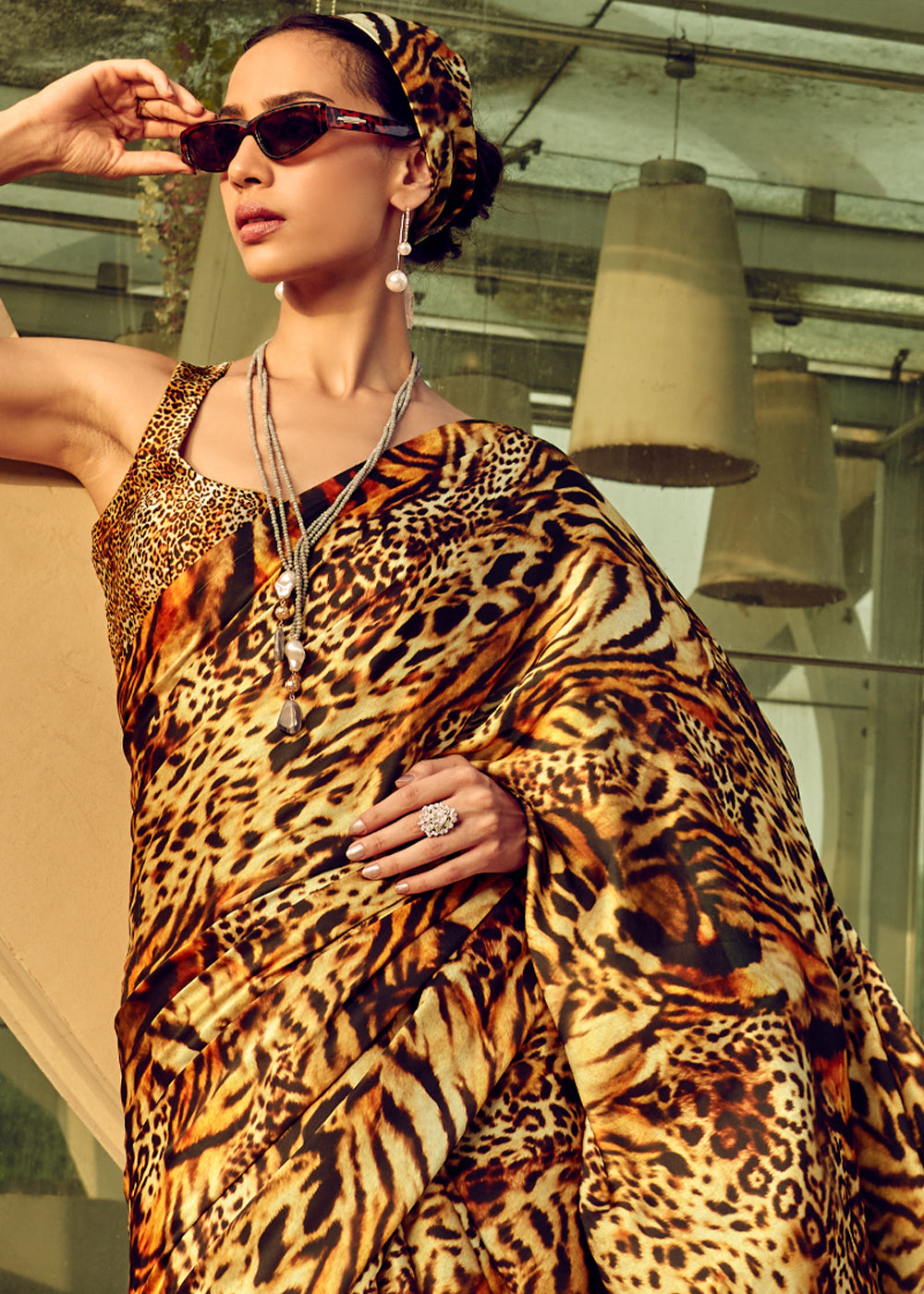 Tiger Dull Brown Digital Printed Satin Silk Saree