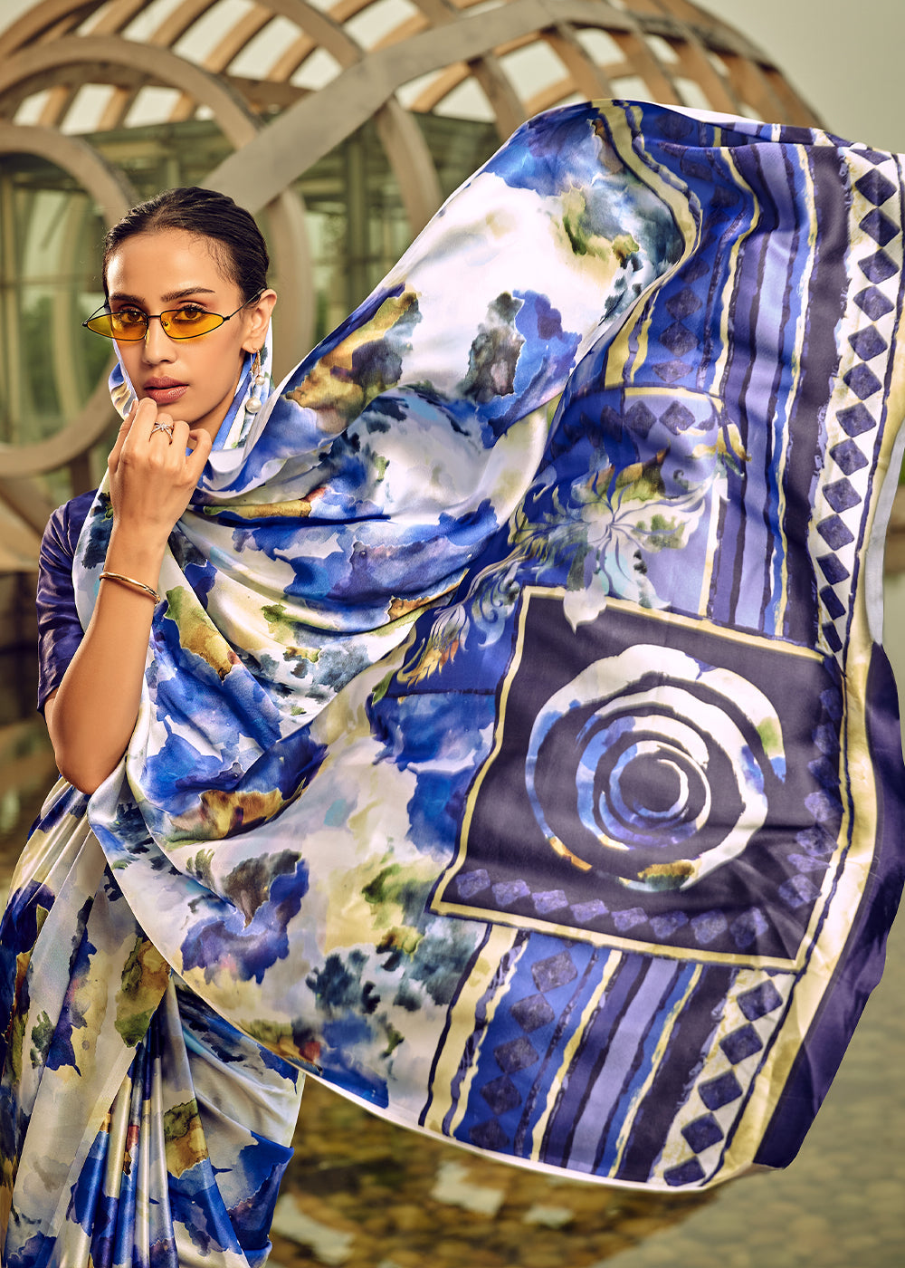 Azure Blue Digital Printed Satin Silk Saree