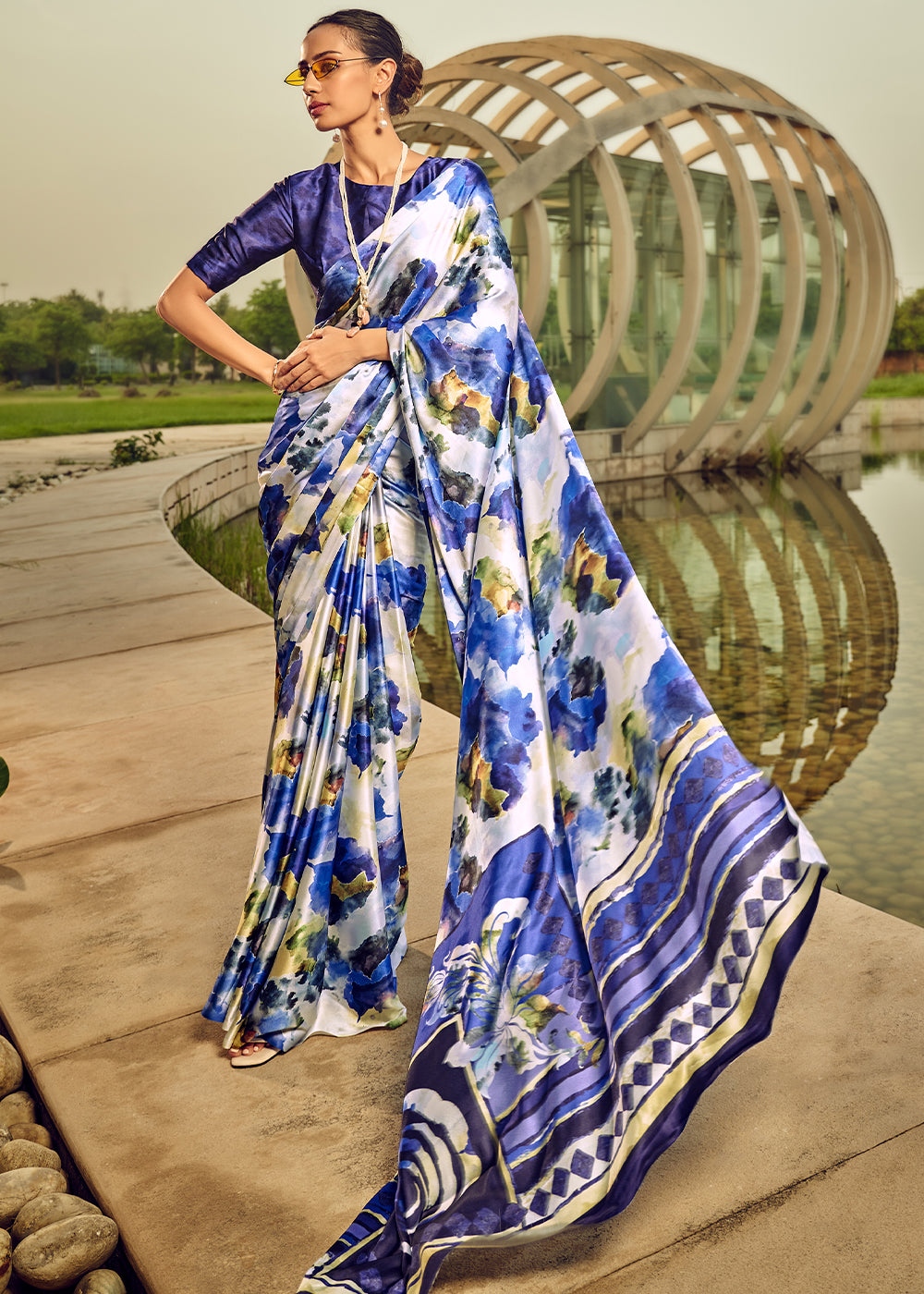 Azure Blue Digital Printed Satin Silk Saree