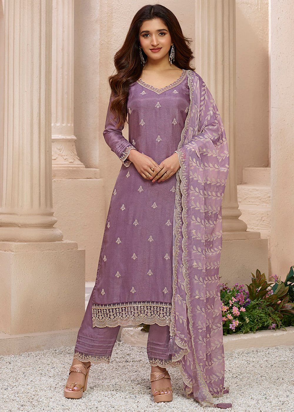 Dusty Lavendar Purple Dola Silk Kurta . Paired with Straight Pants and Chinon Lehariya Print Dupatta