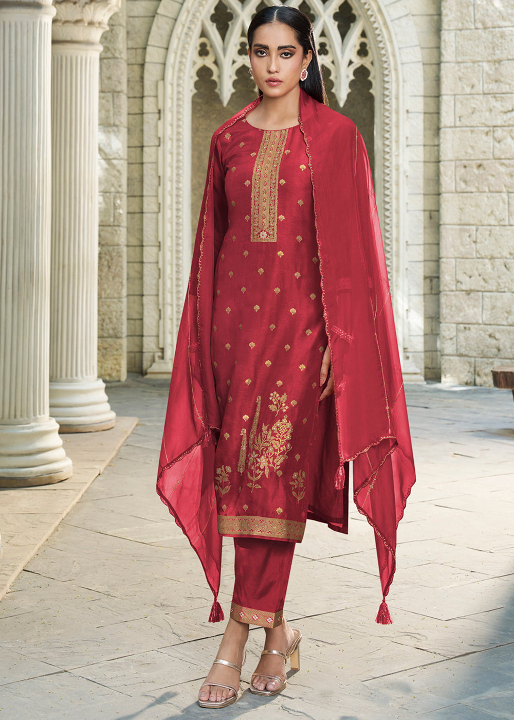 Scarlet Red Rose Dola Silk Kurta . Paired with Santoon Straight Pants and Organza Dupatta