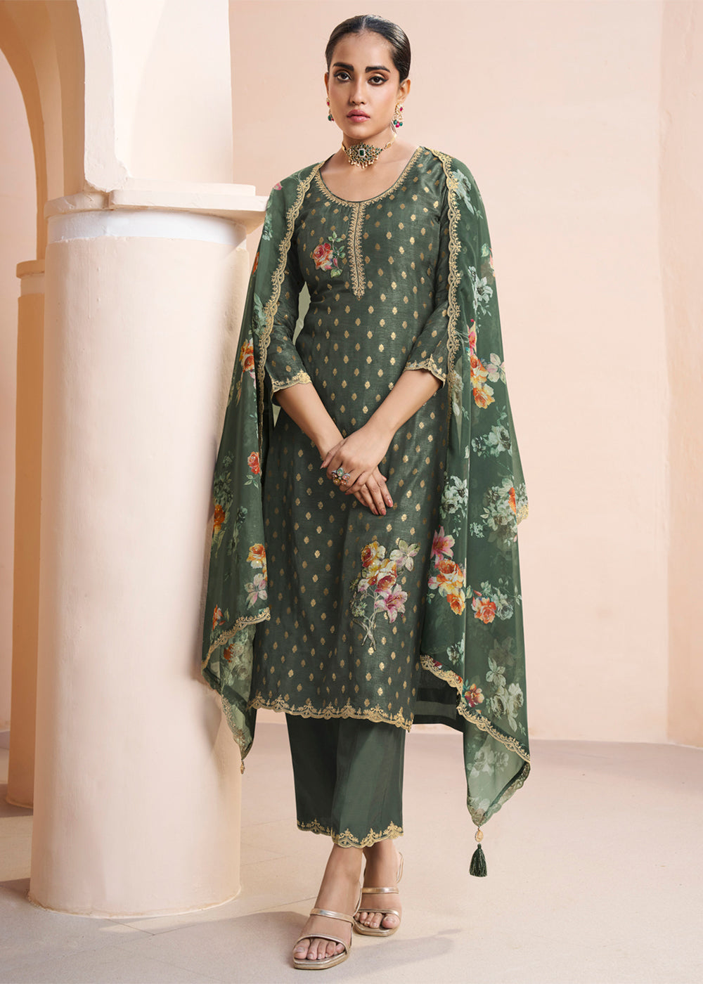 Dark Olive Green Dola Silk Kurta. Paired with Santoon Straight Pants and Organza Scalloped Dupatta