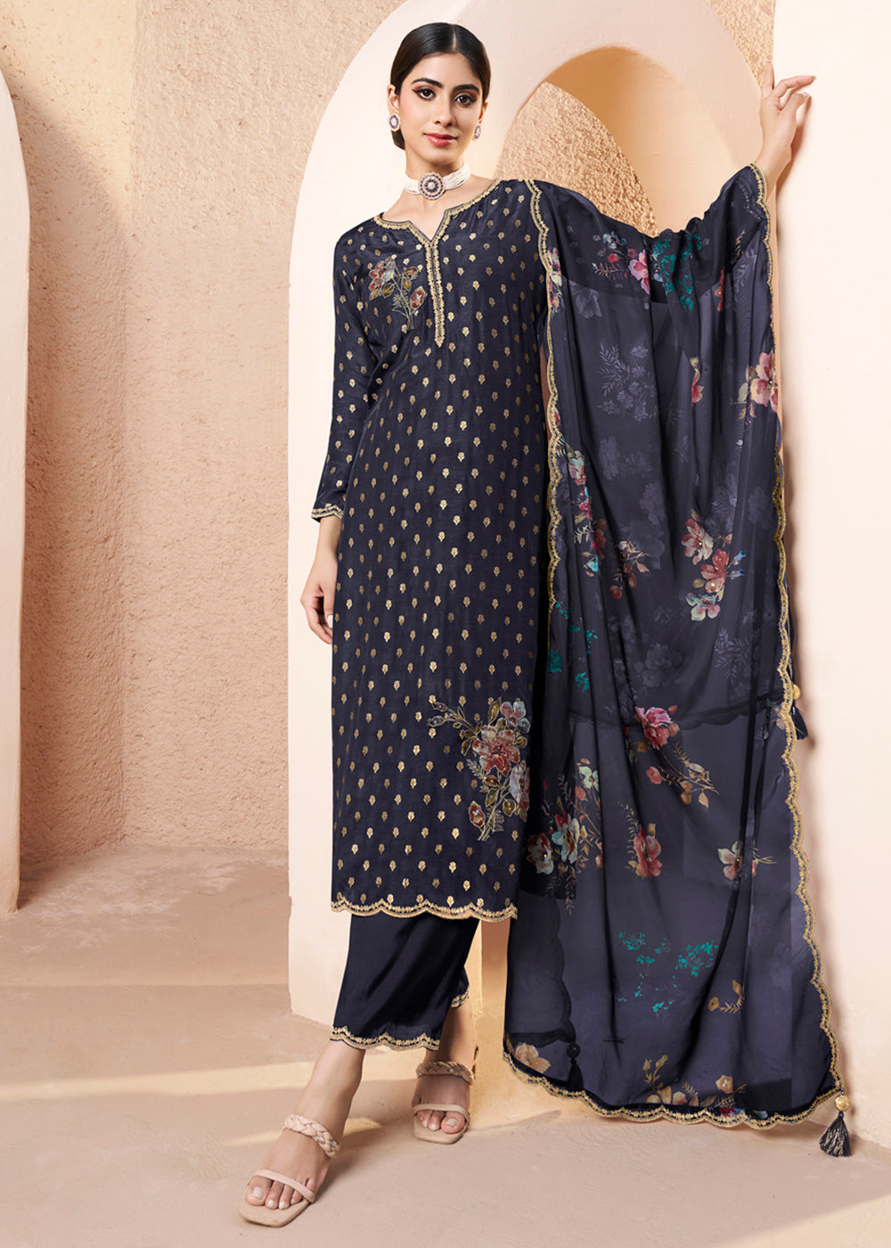 Dark Blue Black Dola Silk Kurta. Paired with Santoon Straight Pants and Organza Scalloped Dupatta