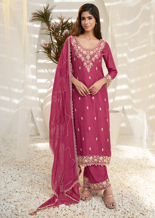 Cherry Pink Dola Silk Kurta. Paired with Santoon Straight Pants and Organza Dupatta