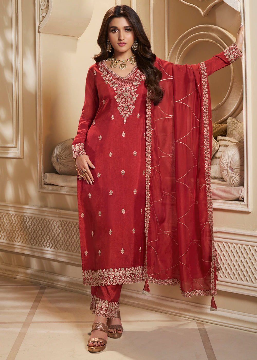 Scarlet Red Dola Silk Kurta.Paired with Santoon Straight Pants and Organza Dupatta