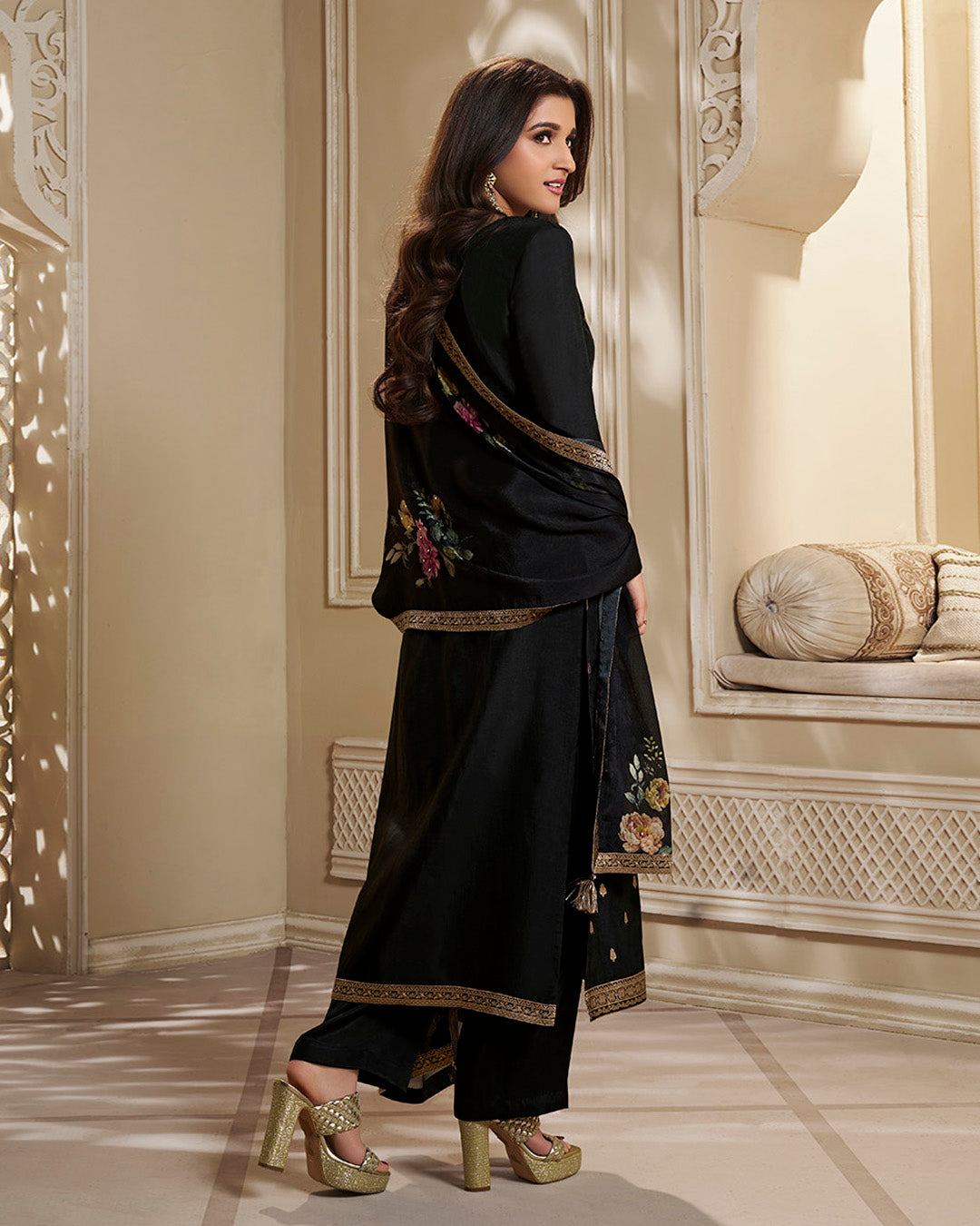 Charcoal Black Dola Silk Kurta . Paired with Santoon Straight Pants and Chinon Floral Printed Dupatta.