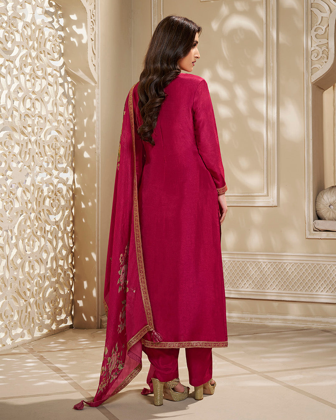 Crimson Red Dola Silk Kurta. Paired with Santoon Straight Pants and Chinon Floral Printed Dupatta.