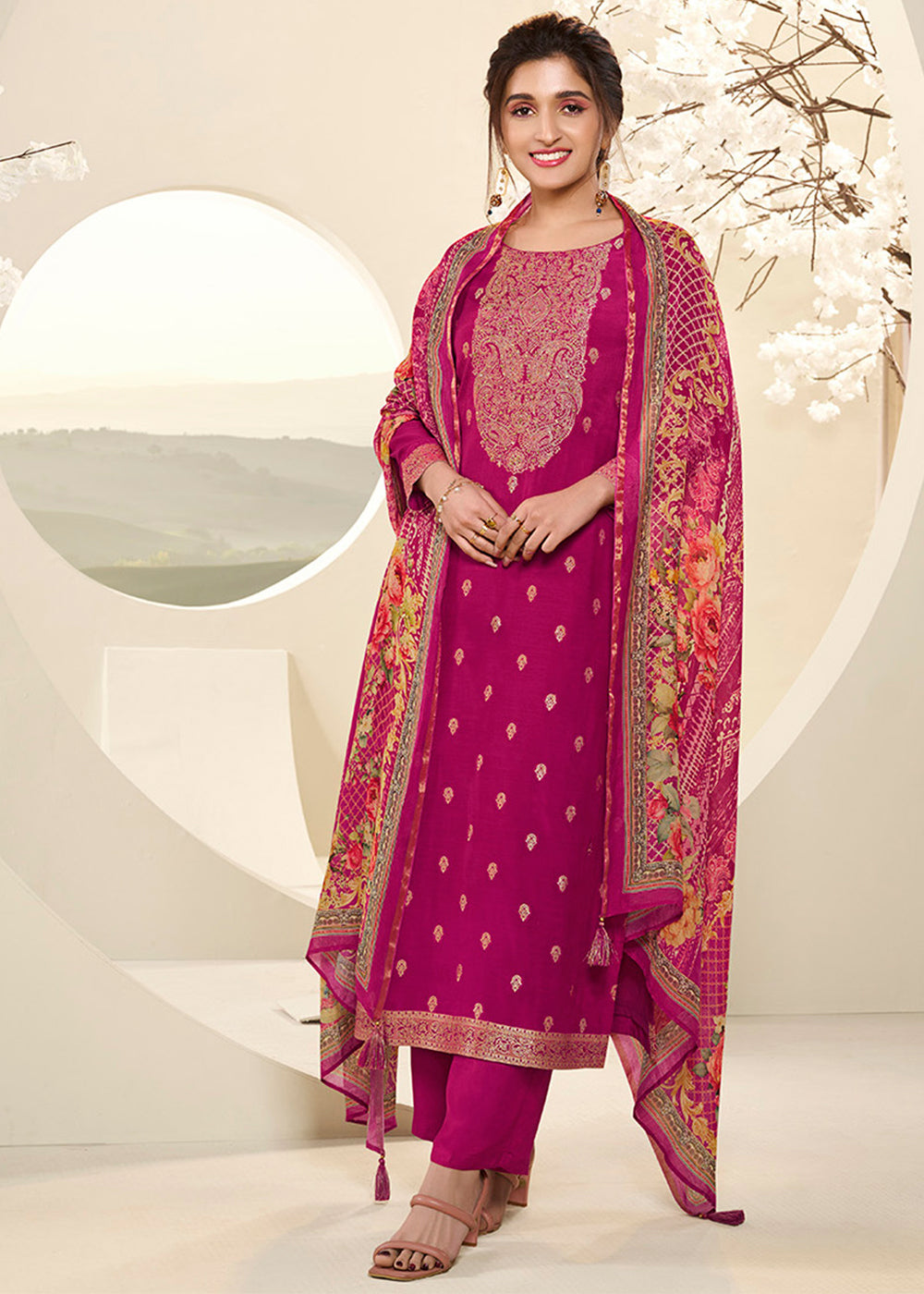 Magenta Pink Muslin Jacquard Kurta . Paired with Santoon Straight pants and Muslin Jacquard Abstract Digital Print Dupatta