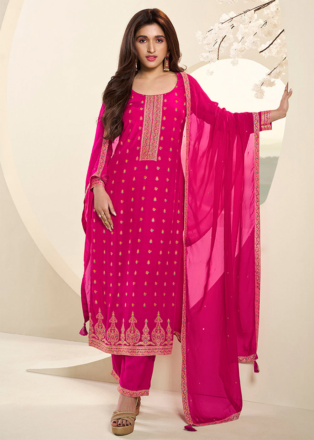 Ruby Pink Muslin Jacquard Top with Santoon Bottom and Organza Dupatta