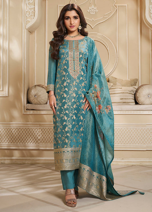 Pacific Blue Tissue Jacquard Top . Paired with Santoon Bottom and Tissue Digital Floral Printed Dupatta