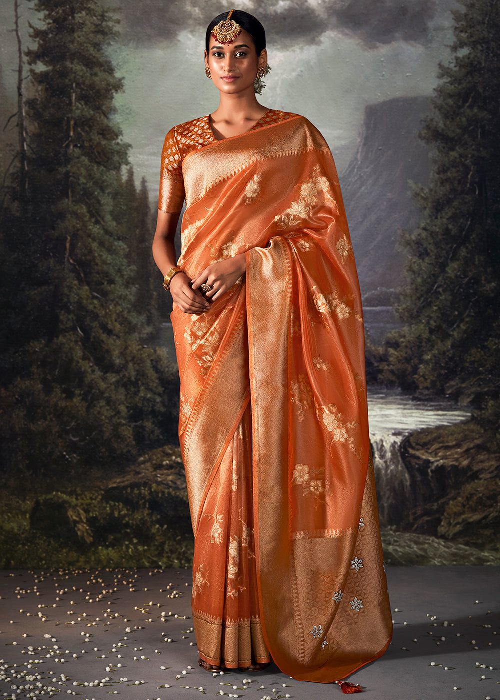 Yam Orange Zari Woven Organza Silk Saree with Swarovski Work