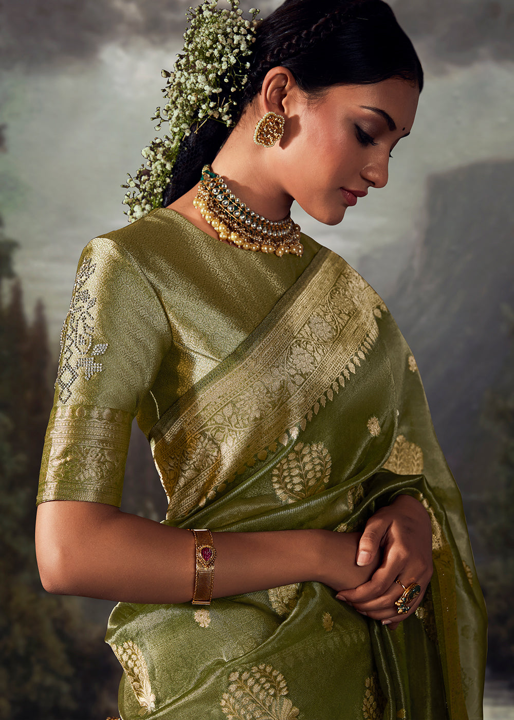 Avocado Green Zari Woven Organza Silk Saree with Swarovski Work