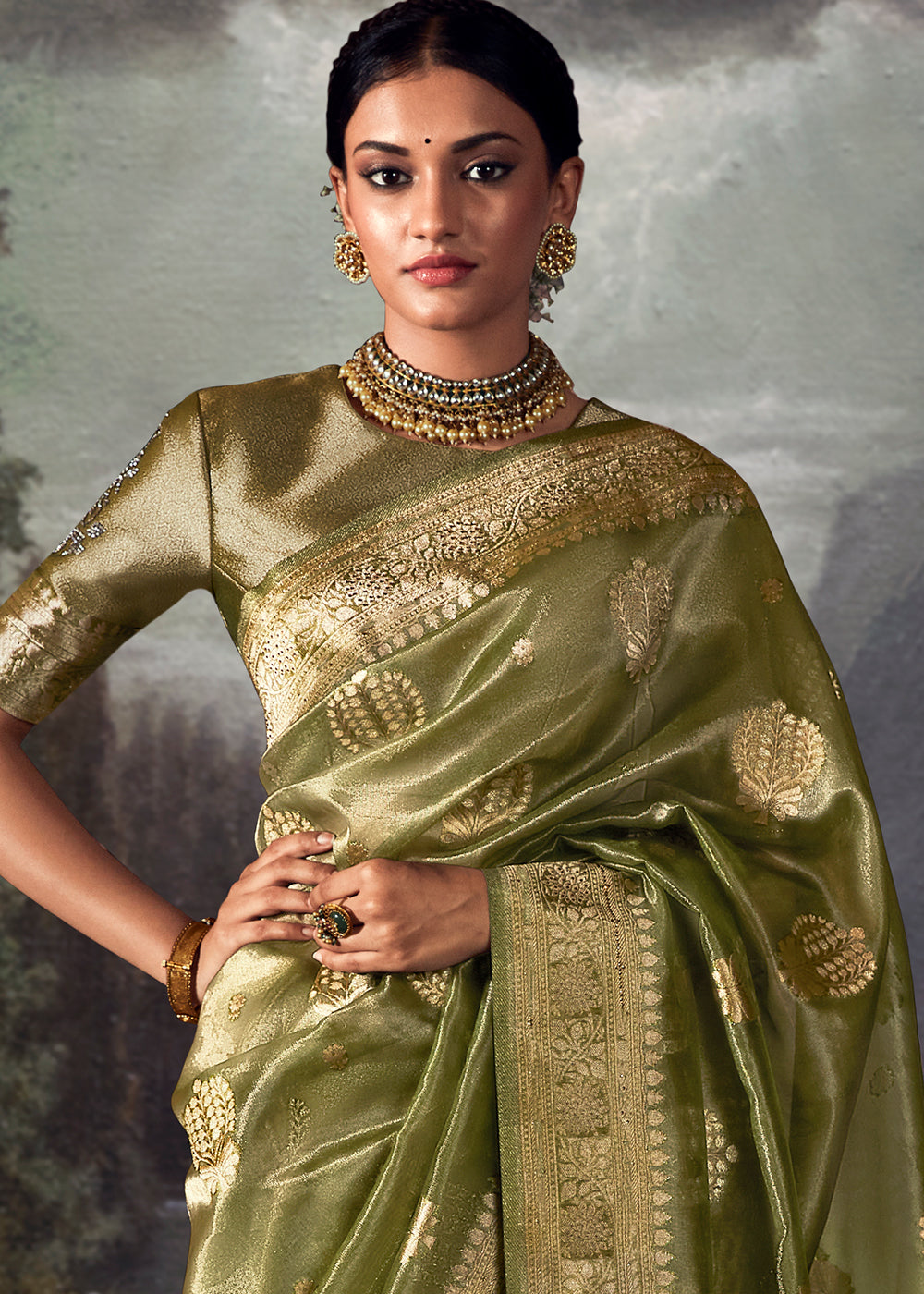 Avocado Green Zari Woven Organza Silk Saree with Swarovski Work