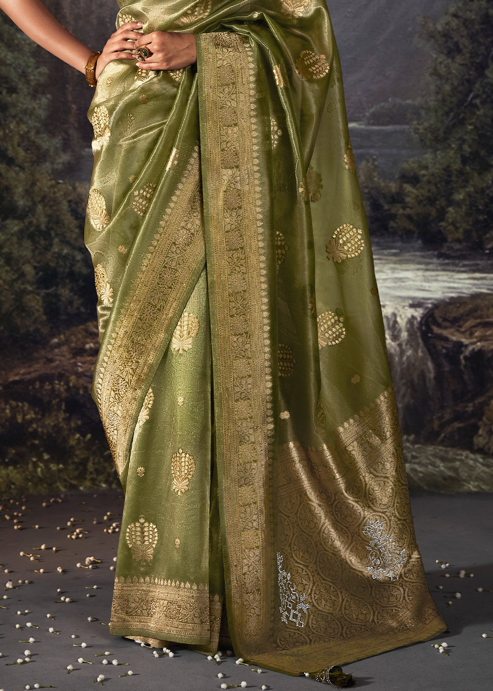 Avocado Green Zari Woven Organza Silk Saree with Swarovski Work