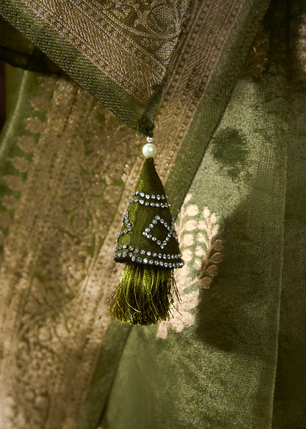 Avocado Green Zari Woven Organza Silk Saree with Swarovski Work