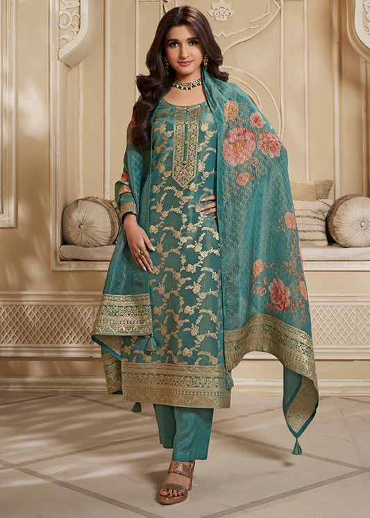 Teal Green Tissue Jacquard Top. Paired with Santoon Bottom and Tissue Digital Floral Printed Dupatta