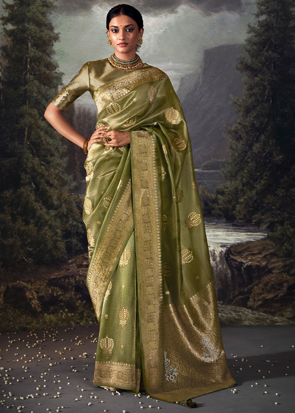 Avocado Green Zari Woven Organza Silk Saree with Swarovski Work