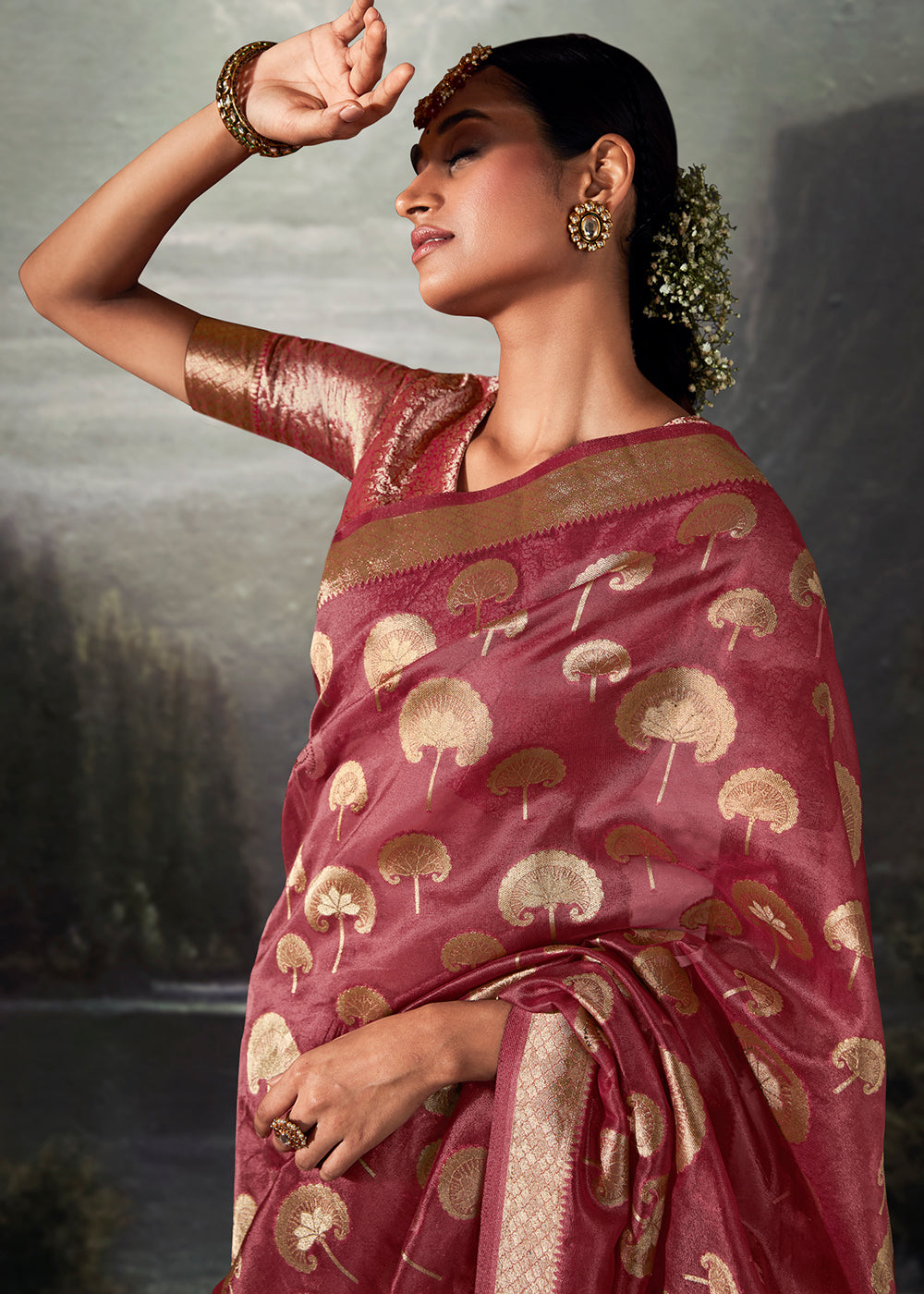 Mystic Pink Zari Woven Organza Silk Saree with Swarovski Work