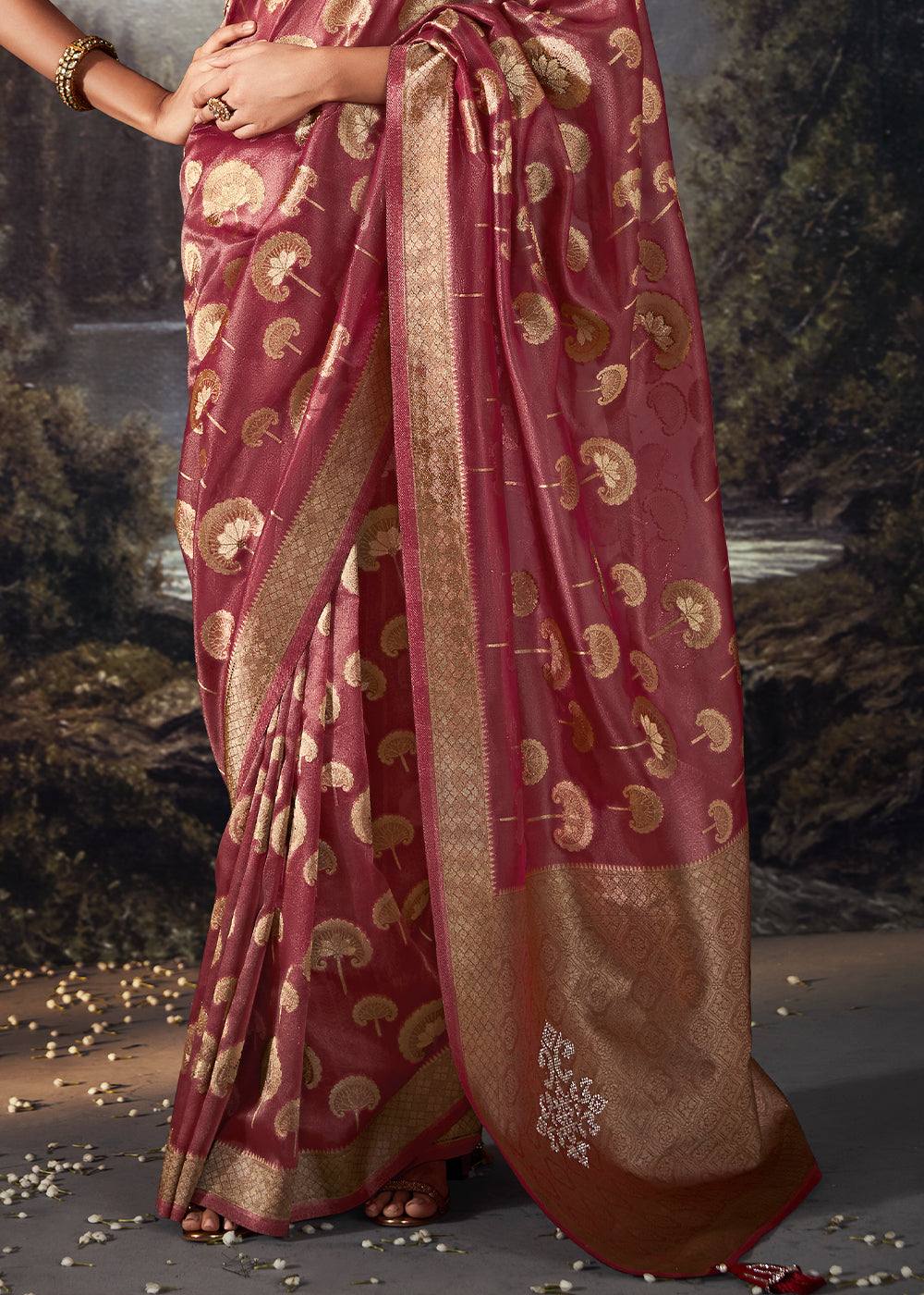 Mystic Pink Zari Woven Organza Silk Saree with Swarovski Work