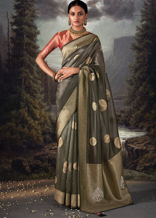 Onyx Grey Zari Woven Organza Silk Saree with Swarovski Work