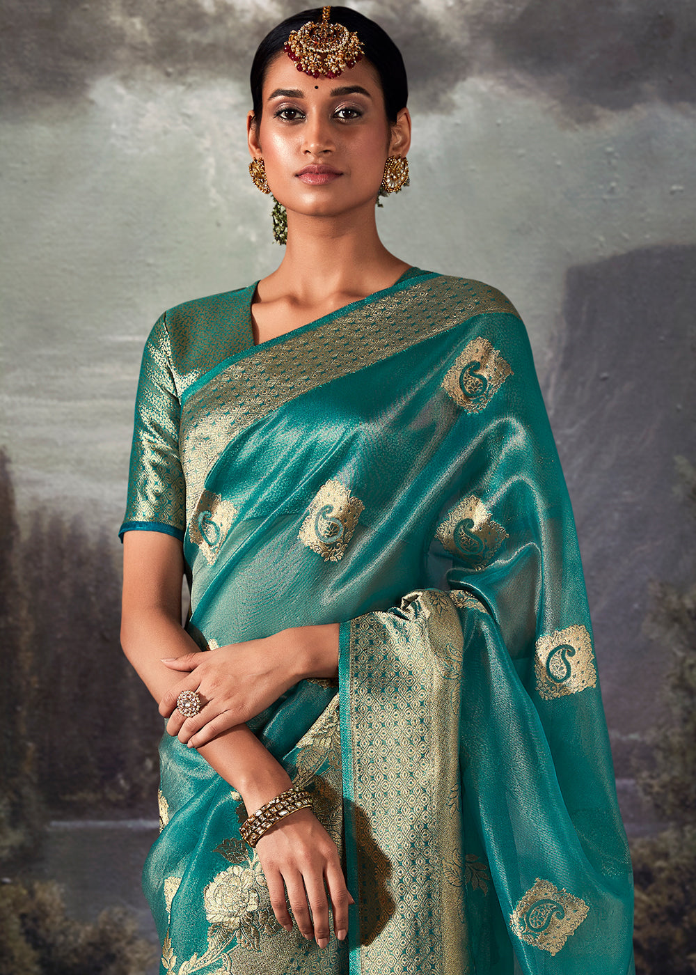 Pacific Blue Zari Woven Organza Silk Saree with Swarovski Work