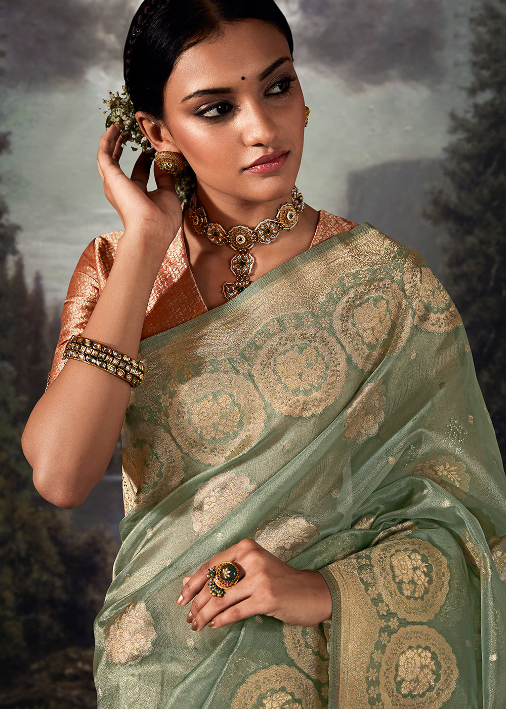 Moss Green Zari Woven Organza Silk Saree with Swarovski Work