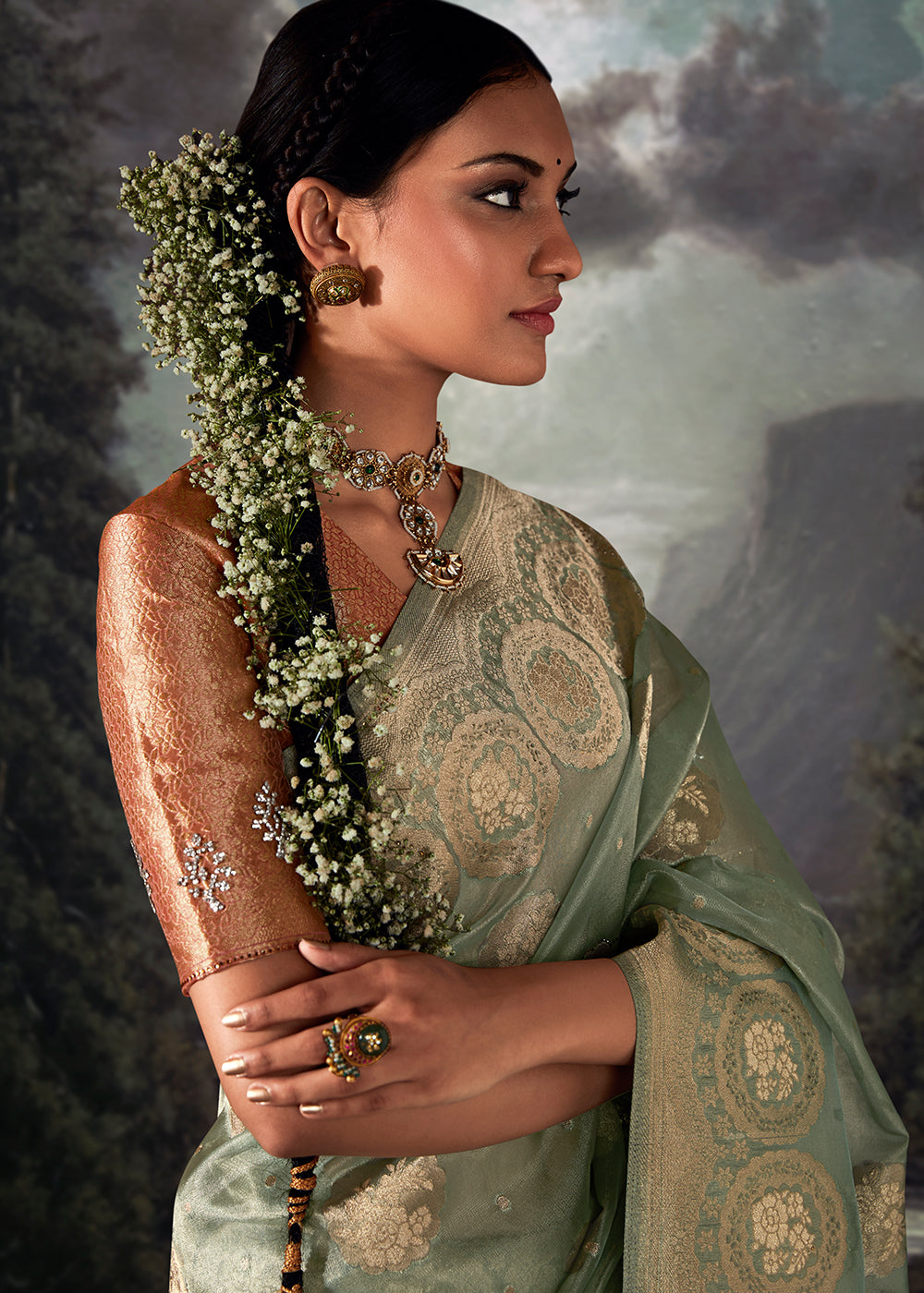 Moss Green Zari Woven Organza Silk Saree with Swarovski Work